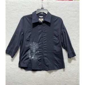 Talbots Petites L Blue Button-Up Embroidered 3/4‎ Sleeve Stretch Blouse Top